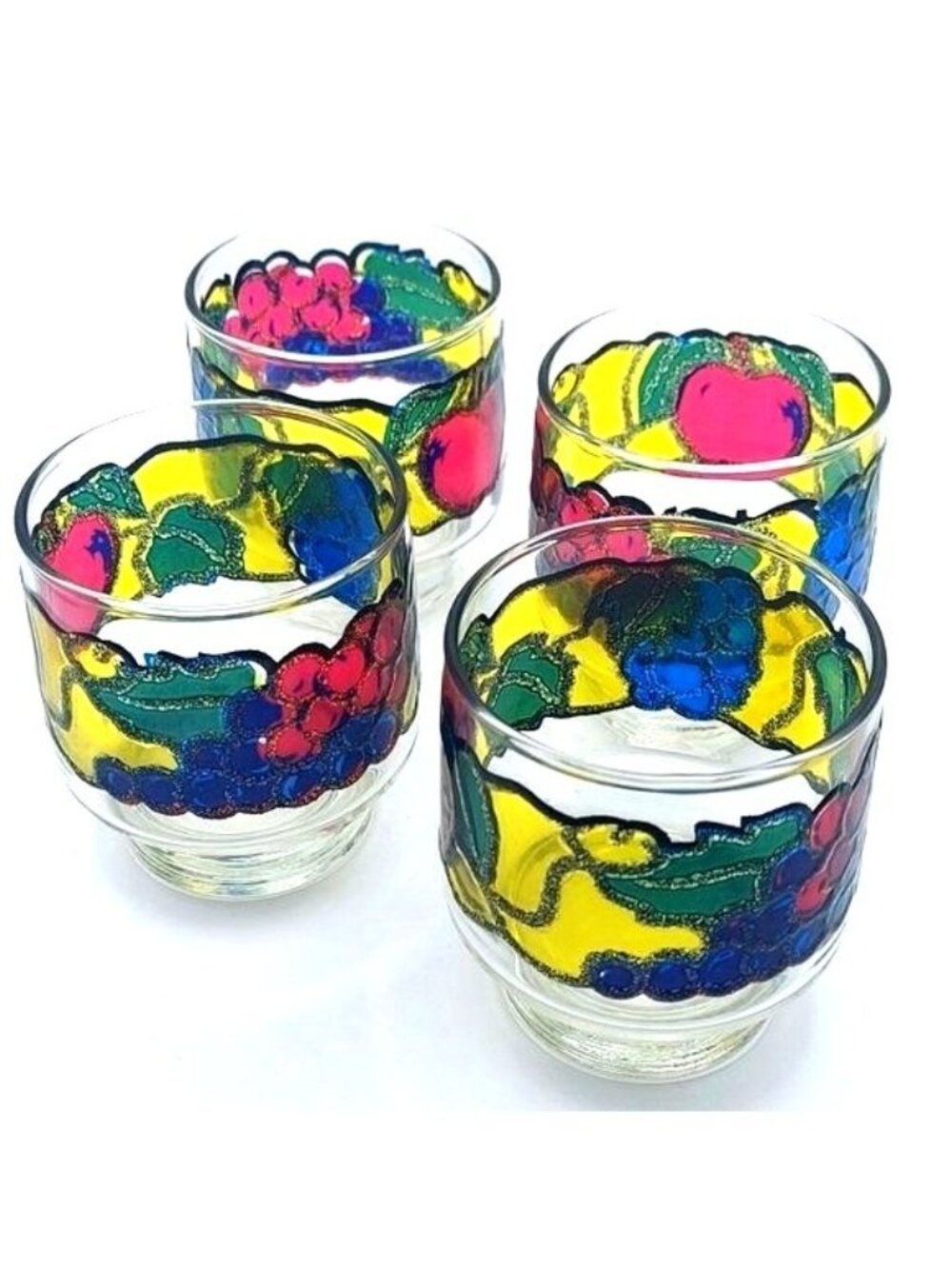 Vintage Libbey Stained Glass Fruit Frosted Stackable Rock Tumblers Set Of 4 - Picture 9 of 9